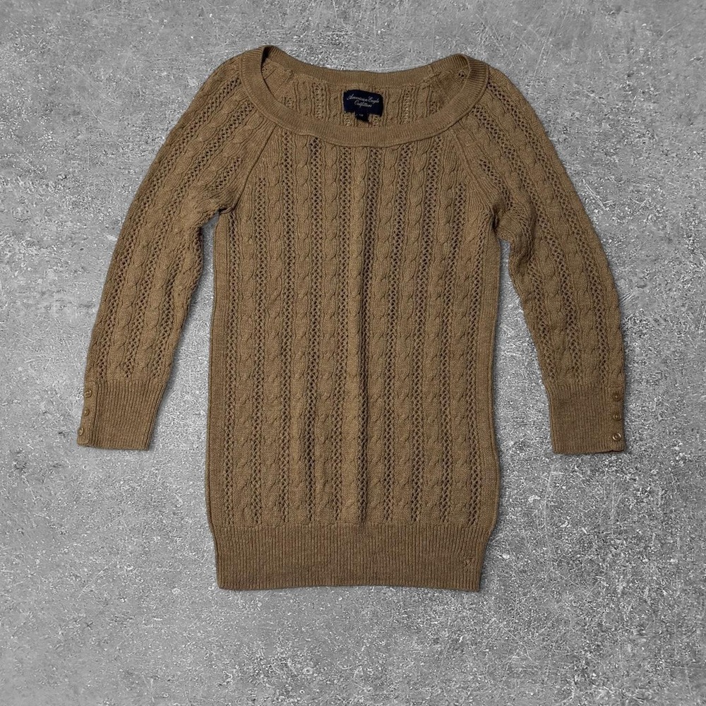 American Eagle Vintage Y2K Brown Cable Knit 3/4 Sleeve Sweater Womens Small